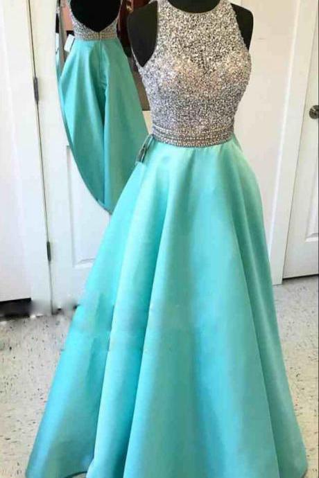 Prom Dresses,scoop Prom Gowns,long Satin Prom Dresses,turquoise Prom Dress,prom Dresses With Beadings,open Back Prom Dress