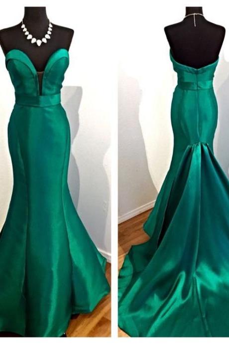 Emerald Green Satin Long Mermaid Evening Dresses 2017,court Train Evening Pageant Gowns