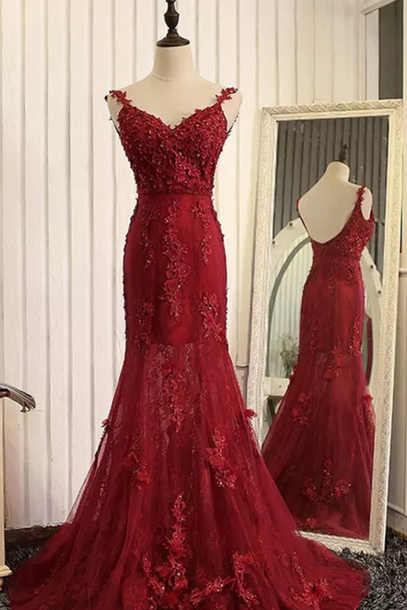 Formal Dresses,straps Beads Mermaid Evening Dresses 2017 With Lace Appliques,red Pageant Gowns