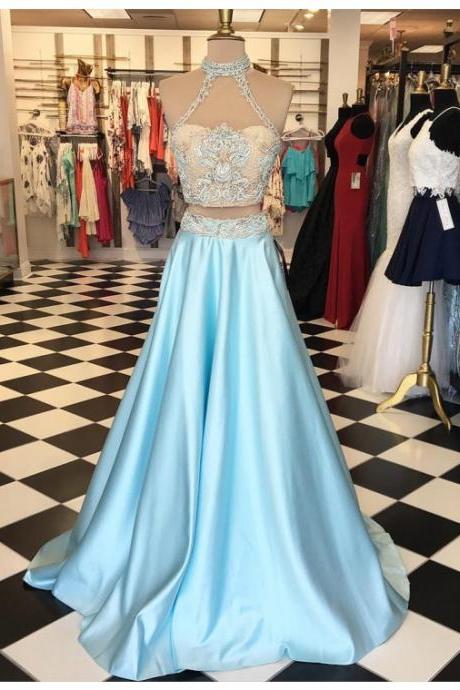 Modern Two Piece Halter Floor-length Light Blue Prom Dress With Lace Appliques