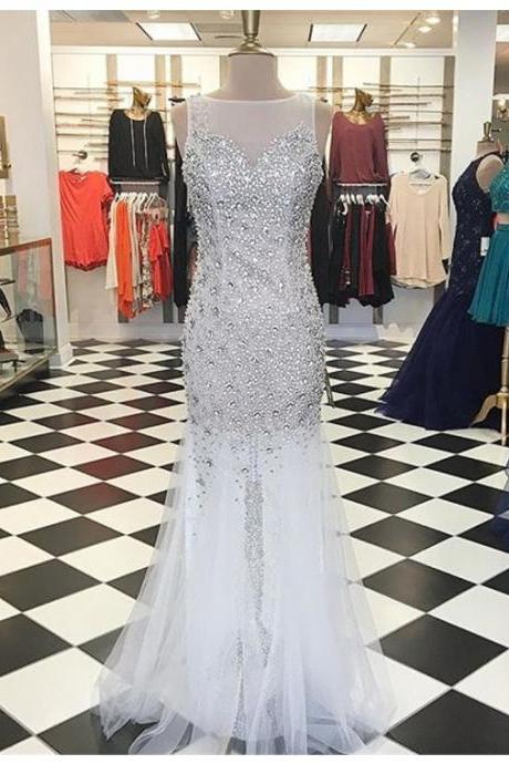 Glamorous Bateau Floor-Length White Mermaid Prom Dress with Beading Crystal
