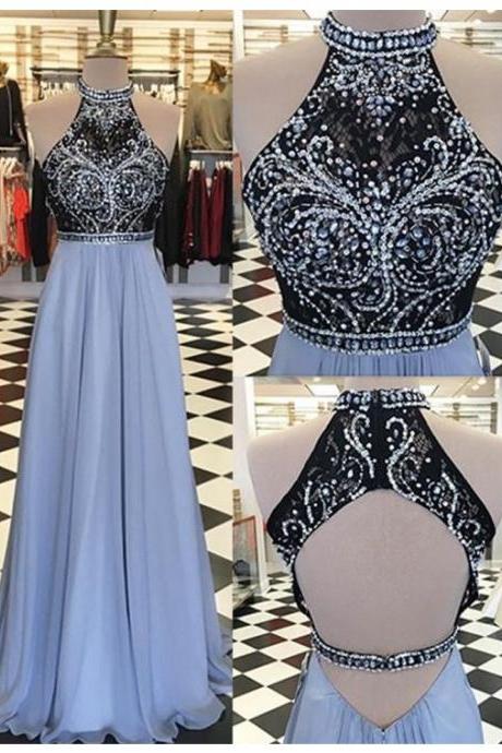 Fashion Round Neck Open Back Long Lavender Prom Dress With Beading Lace Rhinestone