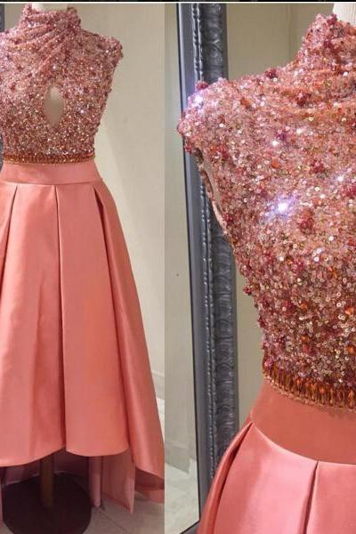 High Neck Shiny Sequins Dubai Style Prom Dresses, High Low Satin Party Dresses,luxury Crsytal Sequins Cocktail Dresses 2017, Sexy Hollow Front