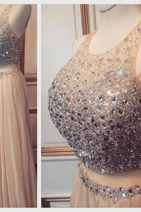 Prom Dress,sexy Elegant Prom Dresses,sexy Two Piece Prom Dresses,sleeveless Luxury Crystal Two Piece Prom Dress,halter Prom Gown,long Evening