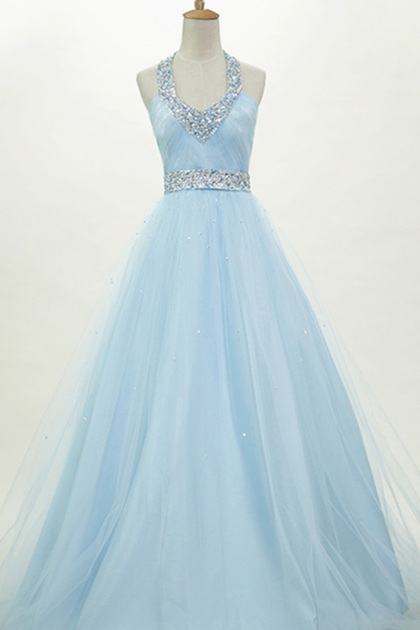 Prom Dress,sexy Elegant Prom Dresses,halter Prom Dress,sexy Prom Dress,a-line Sleeveless Popular Prom Dress,blue Prom Dress,organza Prom