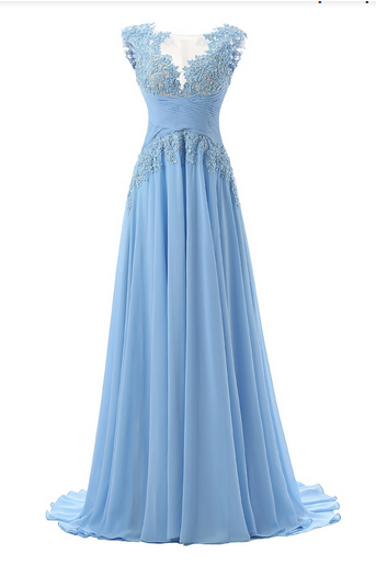 Blue Floor Length Chiffon A-line Prom Dress Featuring Lace Appliqués Plunge V Illusion Cap Sleeves Bodice, Ruched Detailing And Illusion Open