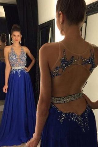 Prom Dress, Sexy Backless Prom Dresses, Royal Blue Prom Dress Open Backs Sparkly Chiffon Party Dresses With Rhinestones For Custom