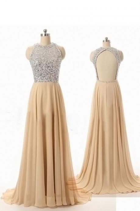 High Neck Chiffon Floor-length Dress Featuring Beaded Bodice With Open Back