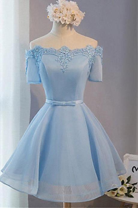 Elegant A-line Off-the-shoulder Above-knee Blue Tulle Homecoming Dress With Appliques