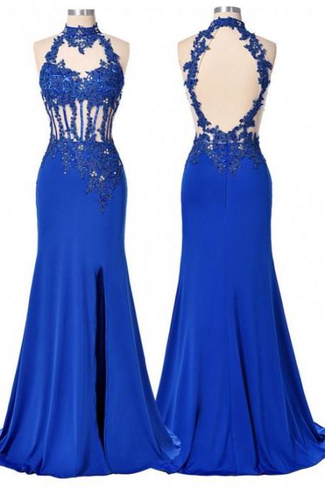 Stunning Royal Blue High Neck Keyhole Open Back Long Sheath Prom Dress With Appliques Beading
