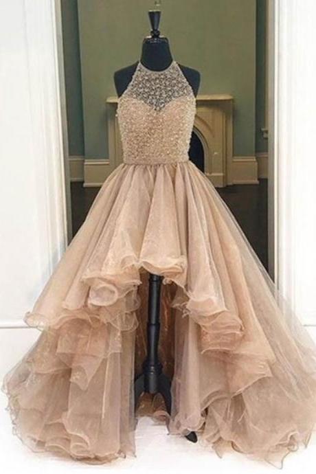 Selling A-line Champagne Prom Dress - Halter Sleeveless High Low Beading