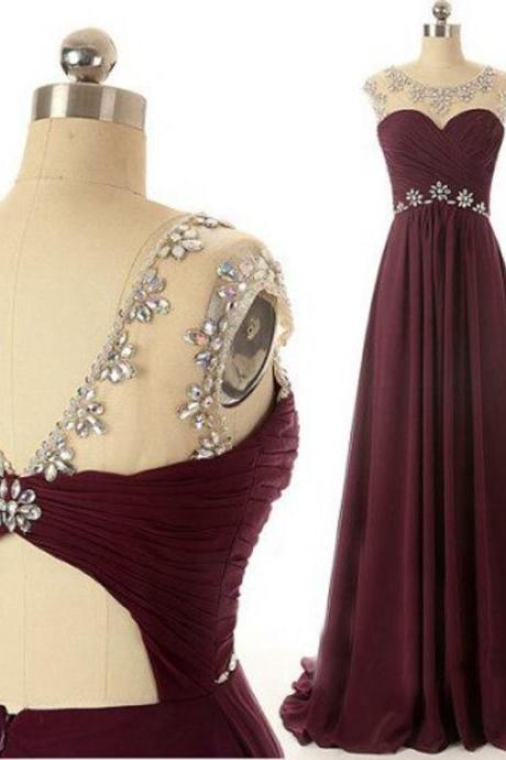Glamorous A-line Scoop Floor Length Chiffon Backless Burgundy Evening/prom Dress With Beading