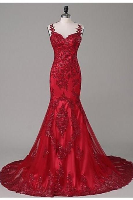 Honorable Scoop Neck Illusion Back Sweep Train Red Mermaid Prom Dress With Beading Appliques