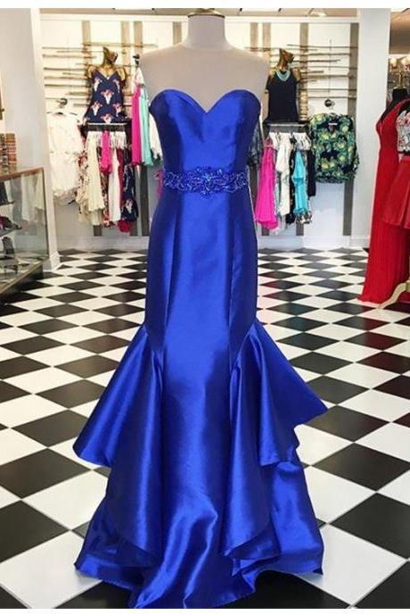 Decent Sweetheart Asymmetrical Tiered Royal Blue Mermaid Prom Dress With Beading
