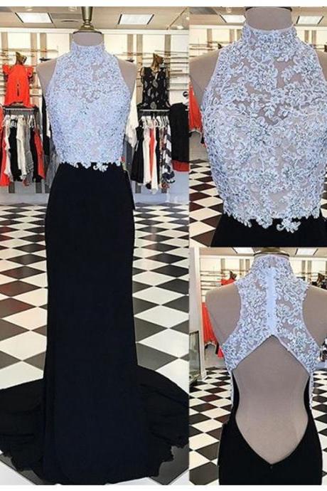 Glamorous High Neck Open Back Sweep Train Black Sheath Prom Dress With Appliques Beading