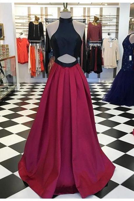 Sexy Halter Sleeveless Floor-length Burgundy A-line Prom Dress