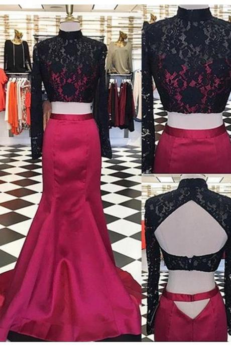 Charming Two Piece High Neck Long Sleeves Open Back Long Burgundy Prom Dress With Lace Beading