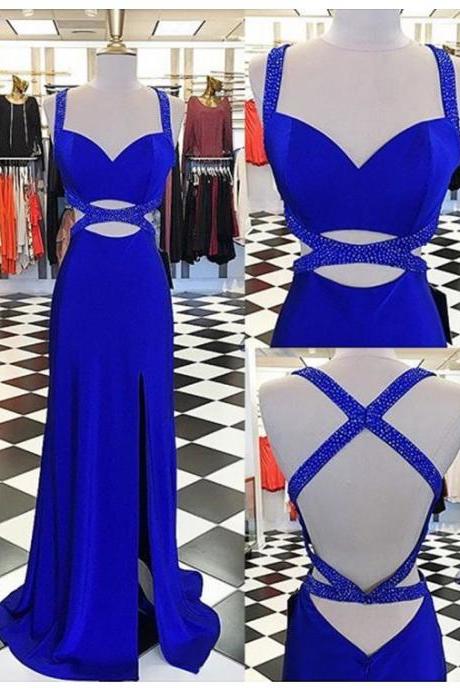 Sexy Straps Floor-length Split Front Criss-cross Straps Royal Blue Sheath Prom Dress With Beading