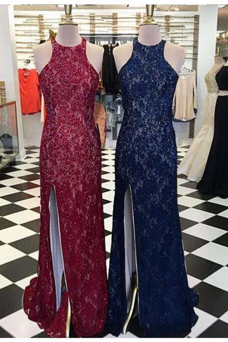Selling Round Neck Open Back Split Front Long Burgundy/royal Blue Lace Sheath Prom Dress With Beading