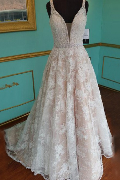 Prom Dress - V Neck Sweep Train Lace With Pearls