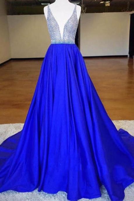 Charming Deep V-neck Sweep Train Royal Blue Prom Dress With Beading
