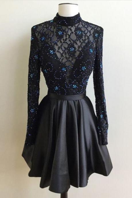 Generous High Neck Long Sleeves Open Back Short Black Homecoming Dress With Beading Lace