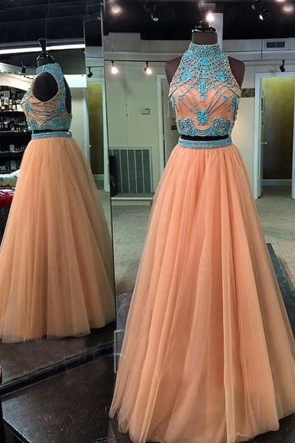 -selling Two Piece Prom Dress - High Neck Champagne With Rhinestone