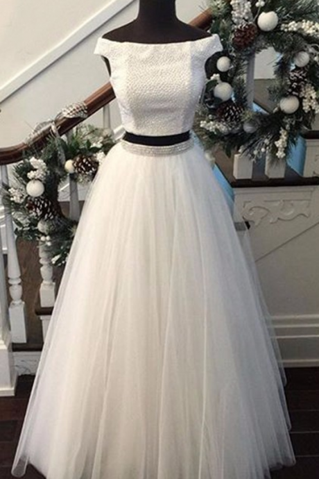 Two Piece Prom Dress - Off-the-shoulder Tulle With Beaded