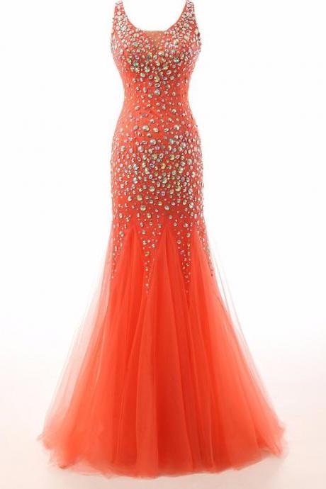 Prom Dress, Sexy Mermaid Abendkleider Square Collar Long Evening Dress Crystal Sequines Party Gown Sheer Back Prom Dresses Vestido De