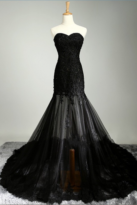 Black Mermaid Floor-length Prom Dress With Sheer Bottom And Strapless Bodice