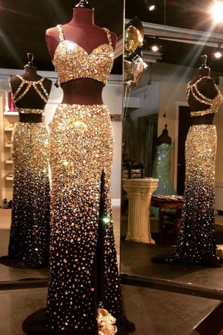 Dazzling Luxury Gold Crystal Rhinestone 2 Piece Prom Dresses Real Images Backless High Front Split Sexy Black Prom Dress