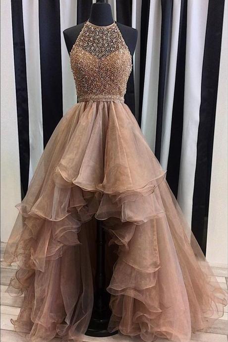 Sequins Beaded Prom Dress,organza Prom Dress,high Low Prom Dress,halter Prom Gowns,champagne Prom Dress,prom Dresses,wedding Guest Prom Gowns,