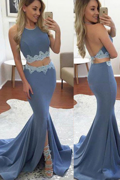 Prom Dress,glamorous Two Pieces High Neck Prom Dresses,beading Prom Dresses,open Back Prom Dresses,with Slit Prom Dresses,wedding Guest Prom