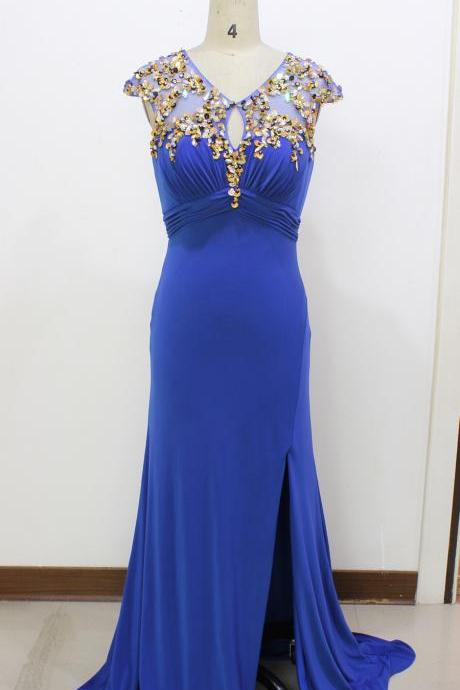 Prom Dress,real Image Picture Evening Dresses Sexy Royal Blue Side Slit Flower Backless Long Formal Prom Party Gowns Gowns,wedding Guest Prom