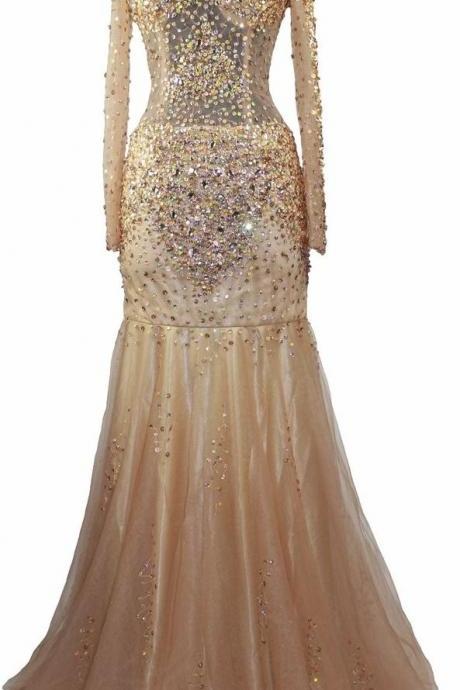 Illusion Women Prom Dresses With Gold Beaded Sequins Stones Long Sleeves Mermaid Formal Party Dress Gowns 2017