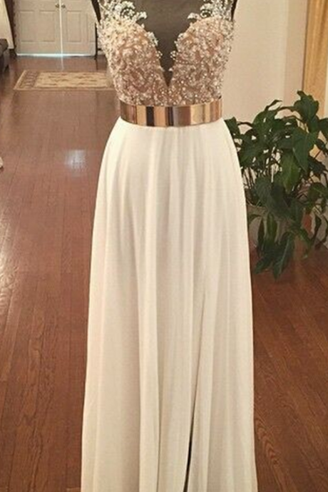Long White Prom Dresses 2017 Boat Neck A-line Floor-length Chiffon Delicated With Beading
