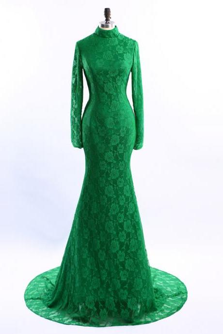 Long Sleeve Evening Dress High Neck Green Evening Dresses Lace Mermaid Vestido De Festa Court Train Dress Party Elegant