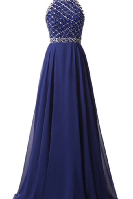Sexy Long Evening Dress 2017 Royal Blue Chiffon A-line Real Picture Crystal Prom Gowns Hand Made Robe De Soiree Formal