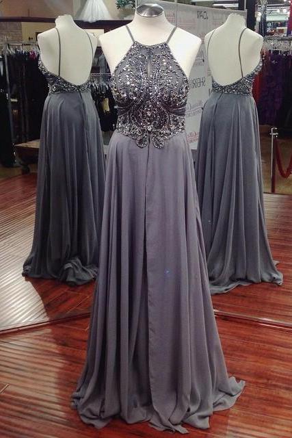 Spaghetti Straps Prom Dress,grey Beaded Prom Dresses,evening Dress,high Quality Graduation Dresses,wedding Guest Prom Gowns, Formal Occasion