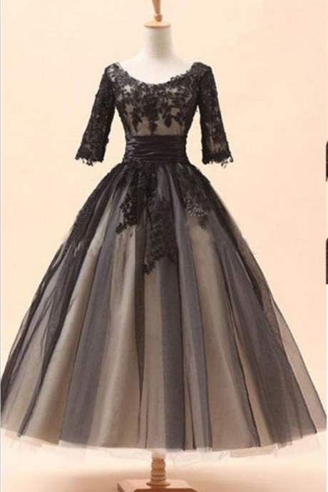 Lace Prom Dress, Black Prom Dress, Tea-length Prom Dress, Vintage Prom Dress, Party Prom Dress, Prom Dress Gown, Evening Dress