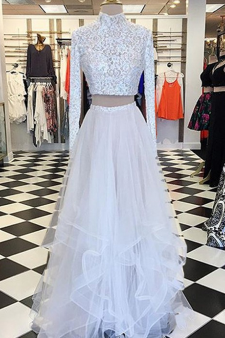 Two Piece A-line High Neck Long Sleeves Asymmetry Tiered White Prom Dress With Lace