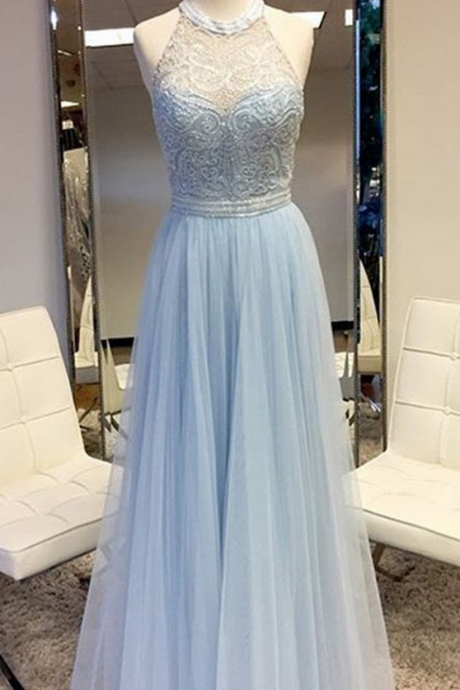 Elegant Round Neck Sleeveless Floor Length Silver Prom Dress With Lace Beading