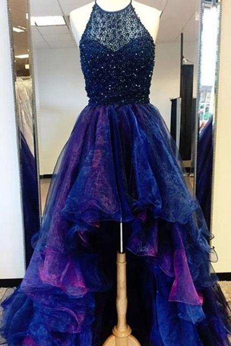 Unique Halter Sleeveless High Low Tiered Royal Blue Prom Dress With Beading