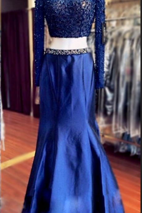 Real Photo Two Pieces Long Sleeve Mermaid Prom Dresses High Neck Crystal Beaded Open Back Royal Blue Black Colors Evening Gowns