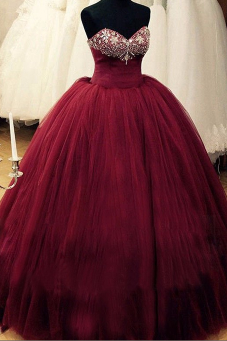 Puffy Burgundy Qinceanera Dresses Prom Dress Ball Gown Beaded Top Corest Lace-up Back Floor Length Princess Vestidos De Debutante Gowns