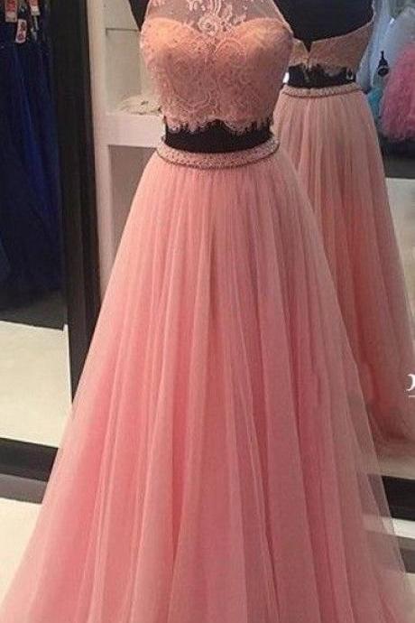 Two Pieces Prom Dress, High Neck Prom Dress, Vintage Tulle Party Dress, 2017 Pink Lace Prom Dress, Sexy Backless Formal Party Dress,formal Pink
