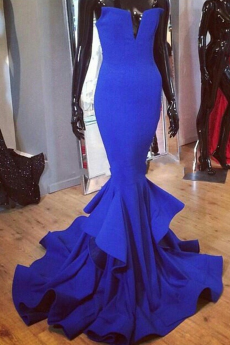 Ruffles Tiered Simple Designer Royal Blue Prom Dresses 2017, Sexy Mermaid Long Party Dress, Sweetheart Backless Royal Blue Evening Dresses 2017,