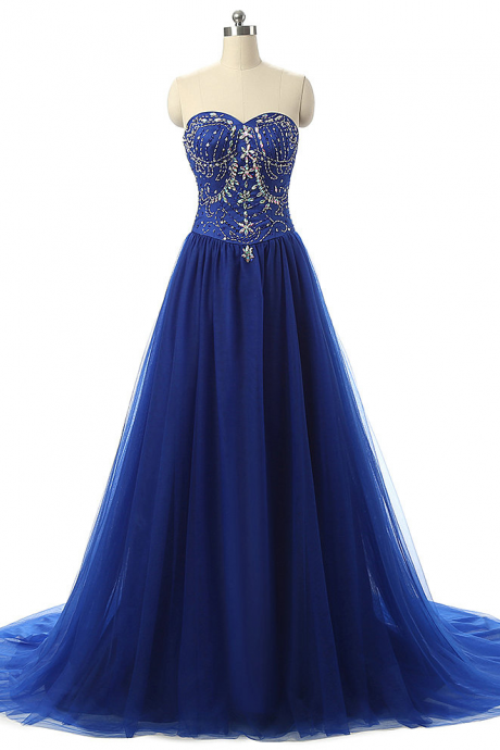 Royal Blue Beading Tulle Long Prom Dresses,pretty Sweetheart Evening Dresses,custom Formal Prom Dresses