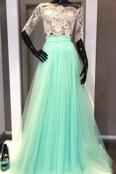 Two Piece Prom Dresses,prom Dresses With Sleeves,long Prom Dresses 2017,elegant Prom Dress,tulle Dress