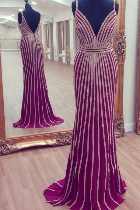 V Neck Prom Dress,mermaid Prom Dress,gold Beaded Evening Dress,luxury Evening Gowns,couture Dress,pageant Gowns,purple Prom Dress